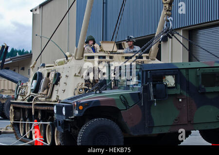 Junge nimmt Pfadfinder von Amerika Truppe 1496 Wendungen hilft ein Soldat aus dem 864th Pionier-Bataillon ein M88 voll verfolgt Bergefahrzeug abzuwickeln und zugleich ein Humvee M998 komplett vom Boden heben die Scouts zeigen eines der M88 Fähigkeiten, Juni 24. Die Scouts kam zu erfahren Sie mehr über verschiedene Berufe in der Armee und sehen, was für eine Ausrüstung die Armee verwendet. Joint Base Lewis-McChord öffnet seine Tore für Scout %%% E2 %%% 80 %%% 99s zu Ehren 424407 Stockfoto