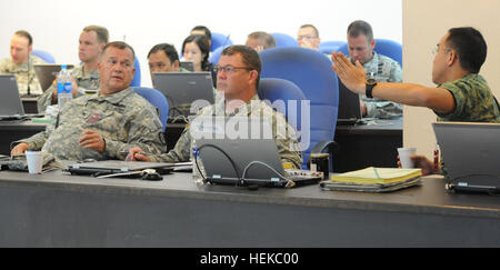 Colonel Bradley Kohn, Deputy Executive Agent für Tiger Balm und Lieutenant Colonel David Lenhart, Asst. Deputy Executive Agent, 82. hinten Operations Center, Oregon Army National Guard, diskutieren über Ereignisse während der Krieg Spiel Schlacht bei Pasir Laba Camp, Singapore, Juli 25. USA und Singapore Armed Forces schlossen sich zusammen für zwei Wochen im Juli für Tiger Balm 11, einer jährlichen bilateralen Übung. Die Armeen teilen militärische Strategien und Techniken in der Verteidigung, Angriff und Operationen während militärische und kulturelle Beziehungen aufzubauen. Das diesjährige konzentrierte Angriff, Verteidigung und Operationen. (US Army pho Stockfoto