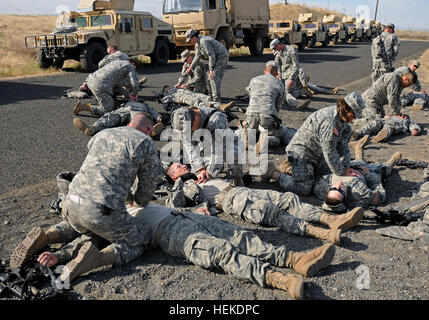 Soldaten aus den 1186th Military Police Company, Oregon Army National Guard, üben kardiopulmonalen Reanimation im Laufe einer Combat Lifesaver, Teil ihrer Pre-Mobilisierung-Ausbildung bei Umatilla Chemical Depot in Hermiston, Oregon/USA Sept. 16. 1186th Military Police Company ist Training für den Einsatz nach Afghanistan Unterstützung der Operation Enduring Freedom. (US Army Foto von Spc. Kirby Reiter, 115. Mobile Public Affairs Abteilung, Oregon Army National Guard). Oregon Army National Guard Militärpolizei trainieren für Mobilisierung 458054 Stockfoto