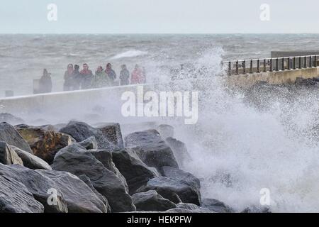 West Bay, Dorset, UK. 23. Dezember 2016. Das Wetter. Sturm-Beobachter erhalten ein Einweichen in West Bay als Sturm Barbara die Küste von Dorset trifft. Unwetterwarnungen wurden ausgestellt, als der zweite benannte Sturm des Winters bringt schwere Regenfälle und starke Windböen führt zu schwierigen Fahrbedingungen auf was, einer der verkehrsreichsten Tage Jahre für die Reise sein soll. © Tom Corban/Alamy Live-Nachrichten Stockfoto