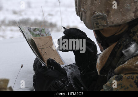 Ein US-Marine vom 2. Air Naval Gunfire Liaison Team, Camp Lejeune, North Carolina, Studien seine Karte während einer Luftnahunterstützung Übung bei der gemeinsamen multinationalen Readiness Center (JMRC) in Hohenfels, Deutschland, 9. Februar 2012. JMRC, arbeiten mit US Marine Forces Europe als Teil von Georgien Bereitstellung Programm-International Security Assistance Force führt Probe Einsatzübungen für georgische Infanterie-Bataillone bei vorbereiten der Bereitstellung für Operationen in Afghanistan zu unterstützen. (US Army Foto Spc. Kirk Evanoff/nicht veröffentlicht) US Marine 2. ANGLICO mit 23. georgische Infanterie-Battalio Stockfoto