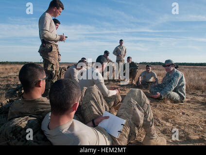 Staff Sgt John Arcularius, sitzt rechts, Bewertungen Bereich Schätztechniken mit Soldaten aus 504th Parachute Infantry Regiment, 2nd Battalion, 82nd Airborne Division, während Kader benannt Treffsicherheit Ausbildung in Fort Bragg, N.C., Februar 15. Der PIR-Sensor 2/504th, Vorbereitung für eine baldige Entsendung nach Afghanistan, geschult von der Army Reserve Treffsicherheit Teammitglieder auf die Enhanced Battle Rifle. Armee-Reserve-Treffsicherheit-Team schult auf Enhanced Battle Rifle 120215-A-XN107-903 Stockfoto