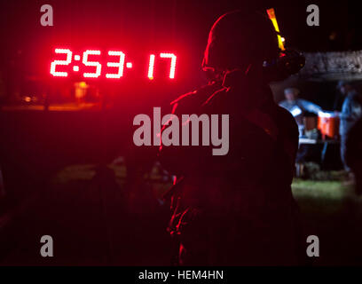 SPC. Cassandra Thondique, 728th Military Police Battalion, 8. Military Police Brigade, nimmt einen Schluck Wasser nach Abschluss der Nacht Land Navigation während der 8. Military Police Brigade besten Krieger Wettbewerb Schofield Barracks, Hawaii, 11. April 2012. Der Wettbewerb testet die besten Soldaten und Unteroffiziere über in Krieger Aufgaben und militärischen Fähigkeiten. Der Soldat und Unteroffizier, die das Event zu gewinnen fahren Sie mit dem Befehl Ebene Wettbewerb. Am besten Sie Pazifik Militärpolizei Krieger 120411-A-TW035-004 Stockfoto