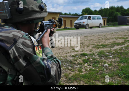 Ein albanischer Soldat, replizieren Afghan National Army, stoppt ein Fahrzeug während einer operativen Mentor Liaison Teams (OMLT) Übung auf der Joint Multinational Readiness Center in Hohenfels, Deutschland, 10. Mai 2012.  OMLT XXIII und Polizei Operational Mentor Liaison Team VII Ausbildung sollen Einsatz in Afghanistan mit der Fähigkeit zu trainieren, beraten und ermöglichen die Afghan National Security Force in Bereichen wie zur Niederschlagung von Aufständen, Bekämpfung Beratungs- und Kraft ermöglicht Operationen zur Unterstützung des Teams vorbereiten. (US Armee-Foto von Sgt. Kirk Evanoff/nicht veröffentlicht) NATO Operational Mentor Lia Stockfoto