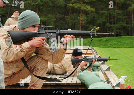 Kroatische Soldaten von Recon Company, Garde Motorisierte Brigade Feuer M16A2 Gewehre im Bereich während eines operativen Mentor Liaison Teams (OMLT) Übung bei der gemeinsamen multinationalen Readiness Center (JMRC) in Hohenfels, Deutschland, 12. Mai 2012.  OMLT XXIII und Polizei Operational Mentor Liaison Team VII Ausbildung sollen Einsatz in Afghanistan mit der Fähigkeit zu trainieren, beraten und ermöglichen die Afghan National Security Force in Bereichen wie zur Niederschlagung von Aufständen, Bekämpfung Beratungs- und Kraft ermöglicht Operationen zur Unterstützung des Teams vorbereiten.  (US Armee-Foto von Spc. Ashley Webster/freigegeben) Stockfoto