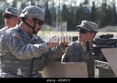 Staff Sgt Denis Dillon, LKW-Commander und Bewohner von Wrangell, Alaska, bietet Mentoring zu montierten Gunnery Techniken Pvt. 1. Klasse Harvey Brice, MK19 Kanonier und Bewohner von Juneau, Alaska, während jährliche Schulungen für die 297th Military Police Battalion, Alaska Army National Guard. Soldaten aus dem Bataillon führte einen rollenden Konvoi über 400 Meilen nach Fort Greely, Alaska, für einen zweiwöchigen Veranstaltung, die ihren in einer live-Feuer-Übung am 14. August Höhepunkt. (Foto von Staff Sgt. Jack W. Carlson III, Alaska Army National Guard) MK19 Anweisung 654545 Stockfoto