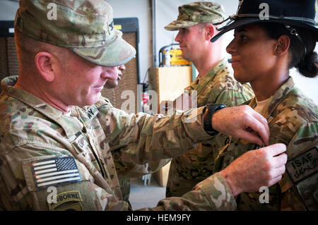 US Armee Oberst TJ Jamison, 82. Combat Aviation Brigade-Kommandeur der Broken Arrow, Oklahoma, vergibt US Army Chief Warrant Officer 2 Thalia Ramirez von Nairobi, Kenia, mit der Air Medal 30. August 2012, auf Bagram Air Field, Afghanistan. Ramirez, ein OH - 58D Kiowa Warrior Pilot zugewiesen Truppe F, 1-17 Air Cavalry Regiment, 82. Combat Aviation Brigade, 82nd Airborne Division, wurde getötet, als ihr Hubschrauber in der Provinz Logar, Afghanistan, 5. September 2012 stürzte. Chief Warrant Officer 2 Thalia Ramirez erhält Air Medal 660621 Stockfoto