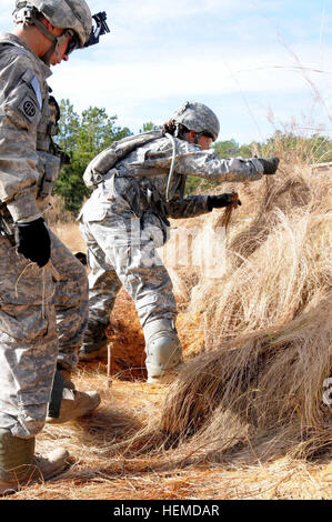 SPC. Andres Santiago (links) ein Kavallerie-Scout und Pfc Bernice A Laubach, beide Fallschirmjäger zugewiesen Headquarters Company, 2nd Brigade Combat Team, 82nd Airborne Division, tarnen ihre kämpfende Position an den Stammsitz der Brigade während einer Feld-Übung am Fort Bragg, N.C., Jan. 12. Die 82. US-Luftlandedivision ist immer Training, gewaltsame Eintrag Vorgänge überall auf der Welt kurzfristig auszuführen. Falcon %%% E2 %%% 80 %%% 99s Januar Field Training Exercise 814275 Stockfoto