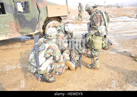 US-Soldaten zugewiesen 6. Bataillon, 37. Feldartillerie-Regiment, 210. Feuer Brigade der 2. Infanterie-Division, sichern einen simulierten Unfall einen Wurf medizinische Evakuierung Training in der Provinz Gyeonggi-do, Südkorea, 31. Januar 2013.  (US Armee-Foto von Pfc. Han-Byeol Kim/freigegeben) Medizinische Evakuierung training 130131-A-WG463-015 Stockfoto