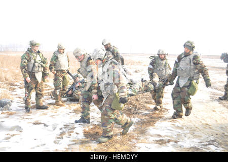 US-Soldaten und ihren koreanischen Kollegen zugewiesen 6. Bataillon, 37. Feldartillerie-Regiment, 210. Fires Brigade 2. Infanterie-Division, durchführen medizinische Evakuierung Schulungen während ein Höhepunkt Training Übung (CTE) in der Provinz Gyeonggi-do, Südkorea, 31. Januar 2013. CTEs sind Szenario-basierte Übungen, die Bereitschaft in individuellen und kollektiven Aufgaben zu bewerten.  (US Armee-Foto von Personal-Sergeant Carlos Davis/freigegeben) 6 37 FA führt medizinische Evakuierung training 130131-A-WG463-019 Stockfoto