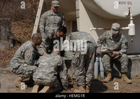 US-Soldaten und ihre Armee der Republik von Korea-Pendants, 6. Bataillon, 37. Feldartillerie-Regiment, 210. Fires Brigade 2nd Infantry Division zugewiesen vorzubereiten Übermittlung eines neun-Linie medizinische Evakuierung Ersuchens beim konkurrieren in einer Herausforderung während Krieger Freundschaft Woche im Camp Hovey Provinz Gyeonggi-do, Südkorea, 27. März 2013.  (US Armee-Foto von Personal-Sergeant Carlos Davis/freigegeben) 210. Fires Brigade Krieger Freundschaft Wochentag 3 130327-A-WV398-006 Stockfoto