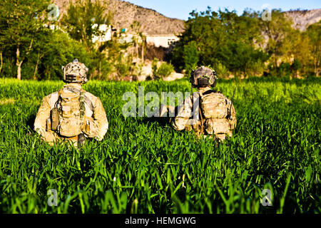 Afghanische und Koalition Sicherheit Kraft Mitglieder Umzug in Tsamkani Bezirk auf der Suche nach Haqqani führend in der Provinz Paktiya, Afghanistan, 17. April 2013. Der Vorgang führte zur Verhaftung des Haqqani-Führers und drei anderen Extremisten. Die Haqqani-Führer hatte operative Kontrolle über improvisierte Sprengkörper Operationen in mehreren Bezirken in Paktiya und Khost Provinzen. Als die Sicherheitskräfte des Haqqani-Führers vermutete Lage näherte, eröffneten Extremisten das Feuer auf die afghanischen und Koalition Truppen. Nachdem er positiv identifiziert die tödliche Bedrohung, die Sicherheitskräfte zu engagieren Stockfoto