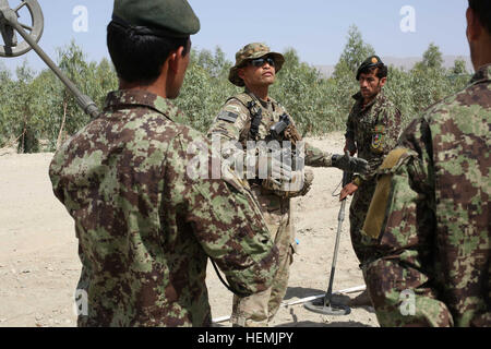 US Armee Sgt. Raymond Navarro mit dem Team Explosive Ordnance Disposal, 4th Brigade Combat Team, 1. Kavallerie-Division, Schriftsätze Afghan National Army (ANA) Soldaten, 201. Corps, während einer Übung Metall-Erkennung auf Forward Operating Base (FOB) Gamberi Provinz Laghman, Afghanistan, 22. Mai 2013. Navarro lehrt wie Training durchgeführt werden sollte. (US Armee-Foto von Spc. Hilda Clayton/freigegeben) Metall-Detektionssystem training Übung 130522-A-XM609-135 Stockfoto