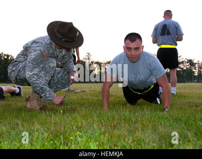 SPC. Ivan Pimentel, Hauptsitz und zentrale Firma Pacific Division, 75. Training Division führt Push-ups während der Armee körperliche Fitness Test Teil der Army Reserve besten Krieger Wettbewerb, im Fort McCoy, Wisconsin, USA, 24. Juni 2013 statt. (US Army Reserve Foto von Staff Sgt. Gary Hawkins/freigegeben) 2013 besten Krieger Wettbewerb 130624-A-YC962-698 Stockfoto