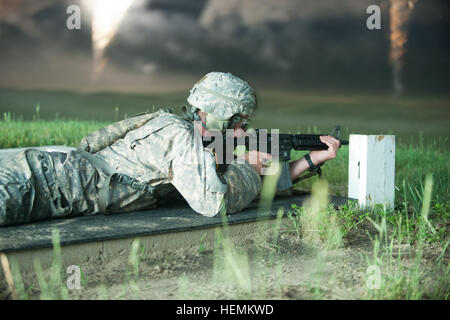 Armee-Reserve Sgt. Jeremiah Bruce, Infanterist repräsentieren die 9. Mission Support Command und gebürtig aus Honolulu, Hawaii, eingreift, dass Ziele nachts Qualifikation Gewehr M4 bei der US-Armee Reserve beste Krieger Wettbewerb 2013 am Fort McCoy, Wisconsin, USA, Juni 26 Feuer. Wettkampf in diesem Jahr am besten Krieger bestimmt, dass die oberen Unteroffizier und junior Soldat vertreten die Armee-Reserve in der Abteilung der Armee am besten Krieger Wettbewerb im Oktober auf Fort-Schutze, VA uns Army Reserve beste Krieger Wettbewerb 2013, M4-Gewehr-Nacht Feuer 130626-A-XN107-349 Stockfoto