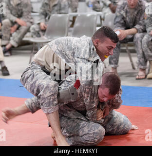 1. Mission Support Command, Ceiba, CPL. Jabriel Santos, Puerto Rico, auf Oberseite und SSG Michael Siler, 807. Medical Command kämpfen gegeneinander, während die moderne Armee Combatives Turnier beim Wettbewerb 2013 Army Reserve beste Krieger am Fort McCoy, Wisconsin, USA 27 Juni. Santos gewann schließlich die gesamte NCO-Turnier. Army Reserve beste Krieger Wettbewerb 2013 130627-A-YC962-881 Stockfoto