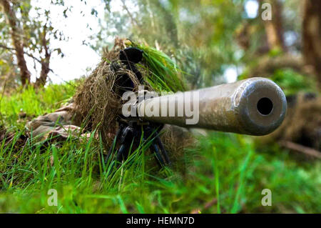 Nach kriechen durch Rasen und Pinsel in Richtung ihres Ziels, einen Scharfschützen-Team von Headquarters und Headquarters Company, 1-36-Infanterie-Division, befestigt an der 3. Infanterie-Division setzen ihren Blick auf ihr Ziel während einer zweiwöchigen Ausbildungsstätte wo US-Soldaten irakische Armee ausgebildet Spezialeinheiten bei Al Kindi Iraqi Armeestützpunkt in Mosul, Irak. Sniper Training bietet "Bekämpfung Multiplikator" für irakische Armee 268054 Stockfoto