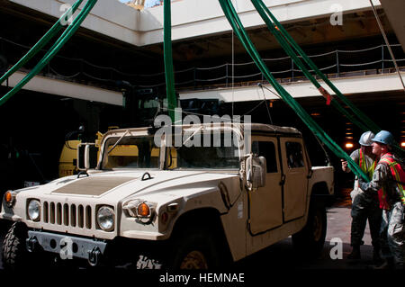 Soldaten mit 743rd Transportation Company, Spc. Christopher Bailey, ein motor Transport Operator und Zug-Sergeant Operationen, Staff Sgt Timothy Nickerson-Anschluss eine Schlinge um ein HUMVEE, 5. August, an Bord US Naval Ship 1st Lt. Jack Lummus in Newport News, VA., während der Hafen Unternehmen Operations Company Trainingsübung. Übung, statt aus der gemeinsamen Basis Langley-Eustis, Virginia, bietet Erfahrung und Ausbildung in stauen, Vorbereitung und Hochladen von Cargo beteiligt verderblichen Fähigkeiten praxisnah. Soldaten, Matrosen üben Joint-Service Seehafen laden 130805-A-PS391-938 Stockfoto