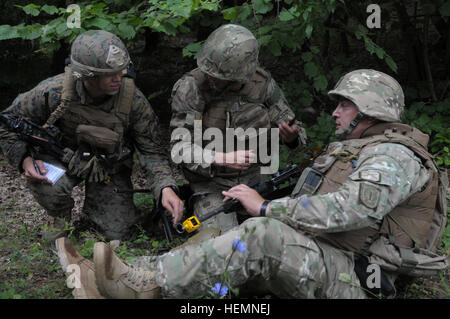 Ein US-Marine mit 3rd Naval Gunfire Liaison Fluggesellschaft bereitet sich auf eine Anfrage einer neun-Linie medizinische Evakuierung für fiktiv verletzte georgische Armeesoldaten von Charlie Kompanie, Batumi Georgien Licht-Infanterie-Bataillon während einer Mission Probe Übung (MRE) bei der gemeinsamen multinationalen Readiness Center (JMRC) in Hohenfels, Deutschland, 9. August 2013 senden. Batumi und 31. georgischen Licht Infanterie-Bataillone führen ein MRE um zu trainieren und auf die Bataillone Fähigkeit zur Durchführung von Kampf und Aufstandsbekämpfung ausgewertet werden und in ein Marinekorps regimental combat Team Deploye integrieren Stockfoto