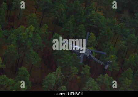 US-Armeesoldaten des 2. Bataillons, 159. Aviation Regiment (Angriff Reconnaissance) Manöver AH - 64D Apache Kampfhubschrauber und Terrorisierung der Tschechische Soldaten um eine Sperrstellung herzustellen während des Trainings kombiniert Entschlossenheit im Joint Multinational Readiness Center in Hohenfels, Deutschland, 11. November 2013 einfügen.  Die Absicht der Übung ist, zu trainieren und Vorbereiten der U.S. multinationalen Brigaden zusammenarbeiten, mit mehreren Partnernationen gegen eine komplexe Bedrohung führte. (US Armee-Foto von Spc. Justin De Hoyos/freigegeben) Kombinierte Entschlossenheit 131111-A-RJ750-048 Stockfoto