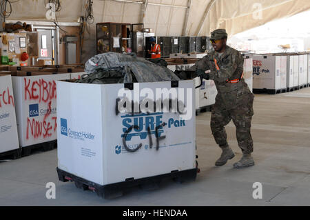 Richmond, Kalifornien, stammende Spc. Byron Garrett, ein Food-Service-Spezialist für die Vallejo, Kalifornien ansässige 349. Quartermaster Company, befestigt an der Fort Bragg, N.C.-basierte 82. Sustainment Brigade-US Befehl Materiel Recovery Zentralelement verwendet ein Hubwagen Kisten verschieben auf der Kandahar Flugplatz, Afghanistan, Retrosort Werft 20 März liefert. Soldaten mit dem 349. QM Unternehmen spielen eine wichtige Rolle der 82. SB-CMRE Materiel Reduktion Mission, sicherzustellen, dass wiederverwendbare Elemente machen es zurück in die USA militärische Inventar und Steuerzahler Geld sparen zu erreichen. (Foto: US-Armee Sgt. 1. Klasse Jon C Stockfoto