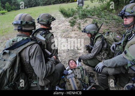 Österreichische Soldaten der 2. Kompanie, 25. Infanterie-Bataillon, 7. Infanterie-Brigade bewerten ein fiktiv verletzten Soldaten während der Übung kombinierte Entschlossenheit II bei der Joint Multinational Readiness Center in Amberg, Deutschland, 27. Mai 2014. Kombinierte Lösung II ist eine multinationale entschlossenes Handeln Umwelt Übung in Hohenfels und Grafenwöhr Schulungsräume, die mehr als 4.000 Teilnehmer aus 15 Partnernationen beinhaltet das Joint Multinational Training Command auftreten. Die Absicht der Übung ist, führte zu trainieren und bereiten ein US multinationale Brigade mit mehreren Teil zusammenarbeiten Stockfoto