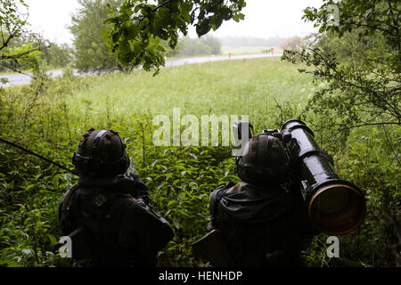 Österreichische Soldaten der 2. Kompanie, 25. Infanterie-Bataillon, 7. Infanterie-Brigade beobachten eine Straße während kombiniert zu beheben II bei der Joint Multinational Readiness Center in Hohenfels, Deutschland, 29. Mai 2014 ausüben.  Kombinierte Lösung II ist eine multinationale entschlossenes Handeln Umwelt Übung in Hohenfels und Grafenwöhr Schulungsräume, die mehr als 4.000 Teilnehmer aus 15 Partnernationen beinhaltet das Joint Multinational Training Command auftreten.  Die Absicht der Übung ist, führte zu trainieren und bereiten ein US multinationale Brigade mit mehreren Partnernationen und ex-zusammenarbeiten Stockfoto