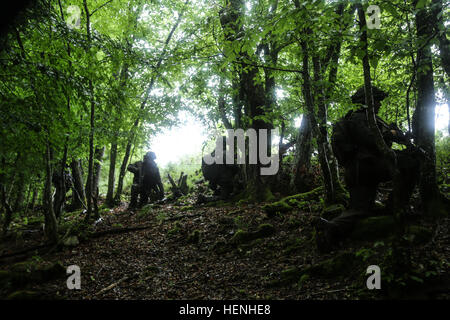 Österreichische Soldaten der 2. Kompanie, 25. Infanterie-Bataillon, 7. Infanterie-Brigade, Manöver, um das Ziel während der Übung kombiniert zu beheben II bei der Joint Multinational Readiness Center in Hohenfels, Deutschland, 29. Mai 2014. Kombinierte Lösung II ist eine multinationale entschlossenes Handeln Umwelt Übung in Hohenfels und Grafenwöhr Schulungsräume, die mehr als 4.000 Teilnehmer aus 15 Partnernationen beinhaltet das Joint Multinational Training Command auftreten. Die Absicht der Übung ist, führte zu trainieren und bereiten ein US multinationale Brigade mit mehreren Partner-Nati zusammenarbeiten Stockfoto