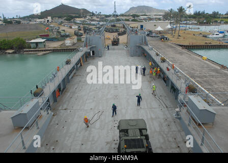 Logistische Unterstützung Schiff 2 - U.S. Armee Schiff CW3 Harold A. Clinger, besetzt durch eine 163. Transport Ablösung Besatzung begann von seinem Heimathafen am gemeinsamen Basis Pearl Harbor-Hickam am 2. Juli, das erste von acht Schlepplifte zwischen Kaneohe Bay und Kawaihae Hafen zur Unterstützung der 3. Marines im Rahmen der Biennale Felge der Pazifik 2014 Übung durchzuführen. LSV-2 wird auch partner mit 25. Infanterie-Division 25. Combat Aviation Brigade, für Unfall-Evakuierung Operationen und eine Antenne an Bord mit der New Zealand Navy Nachschub und Logistik über die Ufer-Operationen während RIMPAC durchführen Stockfoto