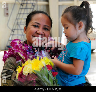 Familie und Freunde waren anwesend, ihre Hawaii-Gardisten wohlbehalten in der Heimat Willkommenszeremonie für Ablösung 55 12. Juli 2014 Wheeler Army Airfield, Hawaii zu sehen. Soldaten aus Afghanistan nach einer neunmonatigen Bereitstellung zurückgekehrt und mit liebevollen Arme und aloha bedeutet Missionserfolg begrüßt wurden. Det-55 zur Verfügung, Aufklärung und Überwachung für Bodentruppen in Afghanistan. (Foto: US-Armee Sgt. 1. Klasse Theresa Gualdarama) Hawaii Army National Guard Aviation Gerät kehrt aus Afghanistan 140712-A-PI315-070 Stockfoto