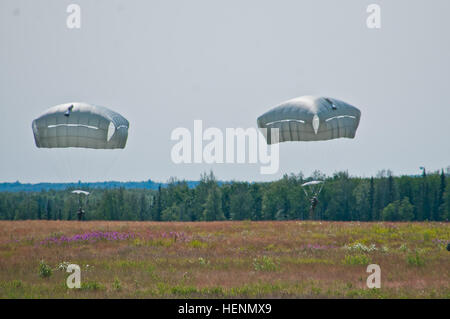Fallschirmjäger des 4. Infanterie-Brigade-Kampfteams der 25. Infanterie-Division führen am 21. Juli 2014 einen Fallschirmangriff von einem C-17 Globemaster auf die Malemute Drop Zone auf der Joint Base Elmendorf-Richardson in Alaska durch. Stockfoto