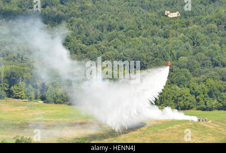 Eine Besatzung von ein CH-47 Chinook-Hubschrauber, 4. Aviation Regiment, 2. Bataillon, 4. Combat Aviation Brigade, von Fort Carson, Colorado, zugewiesen Tropfen Wasser aus einem Eimer Bambi während lebendige Antwort 14 im Muscatatuck Urban Training Center in Butlerville, Indiana (U.S. Army Foto von Sgt. Brandon Anderson 13. Public Affairs Abteilung/freigegeben) A Crew ein CH-47 Chinook Hubschrauber Tropfen Wasser aus einem Eimer Bambi während lebendige Antwort 140724-A-PU919-033 Stockfoto