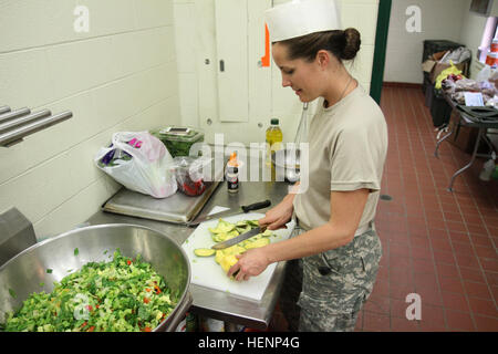 Capt Leah Evert, Ernährungsberaterin für das 48. Combat Support Hospital am Fort Meade, Maryland, serviert einige gesunde Kost für Soldaten im Dienste der Gemeinschaft auf die Innovative Bereitschaft Übung Appalachian Mountain IRT 2014 in Cumberland, Maryland, 13. August 2014. Service-Mitglieder aus der Marine, der Armee und der Armee-Reserve sind in der Lage, in einer gemeinsamen Umgebung zu trainieren, während die medizinische Versorgung von Patienten während der Übung. Service-Mitglieder führen medizinische, zahnmedizinische, optische und tierärztliche Betreuung für die Gemeinden in der Region von Allegany County bei Allegany County Fairgrounds vom 13. August bis August. Stockfoto