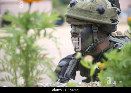 Ein tschechischer Soldat sorgt für Sicherheit während Saber Junction 2014 bei der Joint Multinational Readiness Center in Hohenfels, Deutschland, 2. September 2014. Säbel Junction ist eine US-Army in Europa geführten Übung, USA, NATO vorbereitet und internationaler Partner Streitkräfte für einheitliches Land Operationen.  (US Armee-Foto von Spc. Brian Chaney/freigegeben) Ein tschechischer Soldat bietet Sicherheit Sept 140902-A-EM978-003 Stockfoto