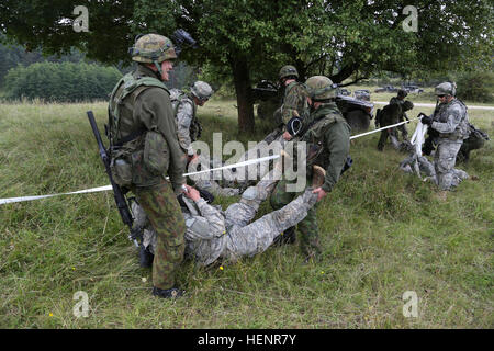 US-Soldaten von Alpha Company, 173rd Airborne Brigade und Tschechische Soldaten der 1. Kompanie, 41st Mechanisierte Infanterie-Bataillon arbeiten zusammen, um fiktiv klar verwundete Soldaten aus einem simulierten mir Feld während Übung Saber Junction 2014 auf das Joint Multinational Readiness Center in Hohenfels, Deutschland, 2. September 2014. Säbel Junction 2014 bereitet USA, NATO-Verbündeten und Sicherheitspartner der Europäischen zur einheitlichen Durchführung landen Operationen durch die gleichzeitige Kombination von Offensive, defensive, und Stabilisierungsoperationen angebracht, die Mission und die Umwelt.  Weitere Informationen Stockfoto