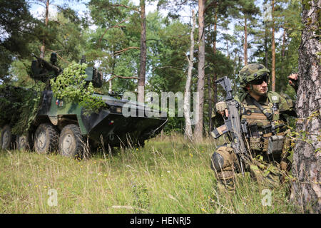 Ein tschechischer Soldat der 41st mechanisierte Bataillon, 4. Rapid Deployment-Brigade, sorgt für Sicherheit während Übung Saber Junction 2014 auf das Joint Multinational Readiness Center in Hohenfels, Deutschland, 6. September 2014. Säbel Junction 2014 bereitet USA, NATO-Verbündeten und Sicherheitspartner der Europäischen zur einheitlichen Durchführung landen Operationen durch die gleichzeitige Kombination von Offensive, defensive, und Stabilisierungsoperationen angebracht, die Mission und die Umwelt. Weitere Informationen über Saber Junction 2014 finden Sie auf http://www.eur.army.mil/SaberJunction/ (US Army Foto von Spc Justin D Stockfoto