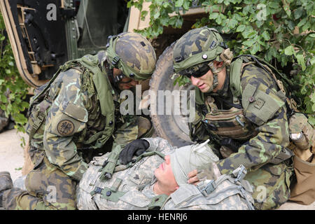 Tschechische Soldaten der 41. mechanisierte Bataillon, 4. Rapid Deployment-Brigade. bieten Sie medizinischen Hilfe für fiktiv verwundeten US Armee Sgt. Andrew Giotis der 1. Staffel (Airborne), 91. Kavallerieregiment 173rd Airborne Brigade, während Übung Saber Junction 2014 bei der Joint Multinational Readiness Center in Hohenfels, Deutschland, 6. September 2014. Säbel Junction 2014 bereitet USA, NATO-Staaten und europäische Sicherheitspartner einheitliches Land Geschäfte durch die gleichzeitige Kombination der offensive, Defensive und Stabilität Operationen angebracht, die Mission und die Umwelt. Mehr Stockfoto