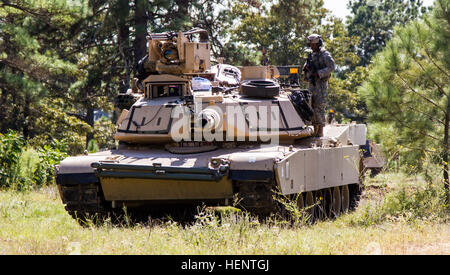 Ein M1A2 Rüstung Mitglied der Flugzeugbesatzung von Delta Company, 1. Bataillon, 64. Armor Regiment, 2nd Brigade Combat Team, 82nd Airborne Division, während ihr entschlossenes Handeln Übung zugeordnet ist wartet auf seinen Tank an einem Kontrollpunkt in der Nähe von dem Fort Polk Joint Readiness Training Center Stadt Dara Lam, 22. September. Kampftraining Zentren schaffen realistische Szenarien und Staats-und Regierungschefs einen umfassenden Ansatz zur Ausbildung in einem gemeinsamen interagency, zwischenstaatlichen und internationalen Umfeld. Diese entschlossene Trainingsumgebung erzeugt bereit Einheiten und agile Führer, die in th überzeugt sind Stockfoto