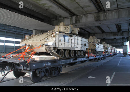 Bradley Kampffahrzeuge, Strykers, Humvees, gepanzerte Personentransporter, HEMTT-Tankwagen, und andere taktische Fahrzeuge der US-Armee werden im Hafen von Klaipeda für den Transport nach Estland und anderen baltischen Nationen im Rahmen gemeinsamer Übungen mit dem 1. Brigade Combat Team, der 1. Kavalleriedivision und den Gastländern im Rahmen der multinationalen Initiative Atlantic Resolve Combined Arms entladen und auf die Bahnstrecken gebracht. Stockfoto