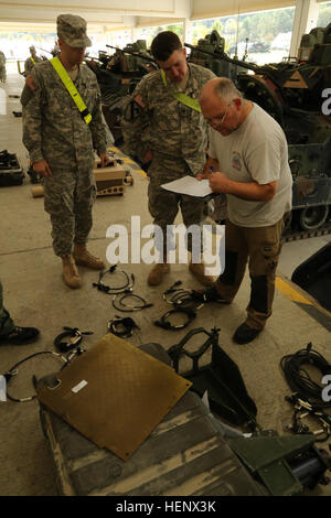 US-Soldaten von Alpha Company, 2. Bataillon, 12. Kavallerie-Regiment, 1st Brigade Combat Team, 1. Kavallerie-Division zu beobachten, dass eine zivile Auftragnehmer Bestandsaufnahme des Fahrzeugs Multi integrierte Laser-Engagement-System während des Trainings kombiniert Entschlossenheit III bei der Joint Multinational Readiness Center in Hohenfels, Deutschland, 16. Oktober 2014 montiert. Kombinierte Lösung III ist eine multinationale Übung, die enthält mehr als 4.000 Teilnehmer aus NATO und Partner, und soll eine komplexe Trainingsszenario bieten, die konzentriert sich auf multinationale unified Land Operationen und stärkt die U Stockfoto