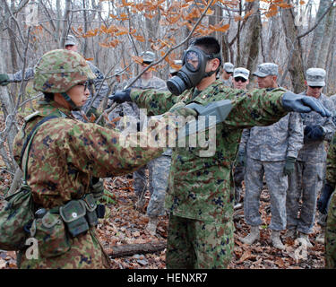 US-Armeesoldaten aus dem 2. Bataillon, 1. Infanterie-Regiment, 2nd Stryker Brigade Combat Team, 2. Infanterie-Division von Joint Base Lewis-McChord, Washington, und Japan Ground Self-Defense Force Mitglieder aus 11. Infanterie-Regiment, 7. Panzer-Division, Nordarmee Austausch Techniken verwendet, um Personal und Geräte im Falle einer Exposition gegenüber chemischen Stoffen, Okt. 28 dekontaminieren.  Die Einheiten sind Orient Shield 14, 27 Okt. – 7. November beteiligt. US-Armee und JGSDF Austausch chemischer decon Techniken im Orient Shield 14 141028-A-WG123-003 Stockfoto