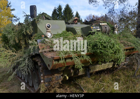 Dänische Soldaten von Alpha Company, 3. Reconnaissance Battalion, Garde-Husaren-Regiment betreiben ein Leopard 1 Wisent gepanzerte Bergefahrzeug während der Durchführung eines Kampfes Probe Vorgänge während der Übung kombiniert zu beheben III bei der Joint Multinational Readiness Center in Hohenfels, Deutschland, 4. November 2014.  Kombinierte Lösung III ist eine multinationale Übung, die enthält mehr als 4.000 Teilnehmer aus NATO und Partner, und soll eine komplexe Trainingsszenario bieten, die konzentriert sich auf multinationale unified Land Operationen und das US-Engagement für NATO und Europa verstärkt. (U.S. A Stockfoto