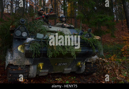 Dänische Soldaten Alpha Company, 3. Aufklärungs-Bataillon Garde-Husaren-Regiment Scan ihrer Branche Feuer auf einem Leopard 1 Wisent Bergefahrzeug gepanzerten während der Durchführung einer Bekämpfung Probe während der Übung kombiniert zu beheben III bei der Joint Multinational Readiness Center in Hohenfels, Deutschland, 6. November 2014.  Kombinierte Lösung III ist eine multinationale Übung, die enthält mehr als 4.000 Teilnehmer aus NATO und Partner, und soll eine komplexe Trainingsszenario bieten, die konzentriert sich auf multinationale unified Land Operationen und stärkt das US-Engagement der NATO ein Stockfoto