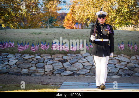 Clemson Universität Reserve Officers' Training Corps Kadett James McNamara, im zweiten Jahr Studium Wirtschaftsingenieurwesen aus Aberdeen, N.J., führt seine Pflicht als Guard für die Schriftrolle von Ehre, 21. November 2014 Ehren... Die Scroll of Honor ist ein Kreis von Steinen mit den Namen der 485 Clemson-Alumni, die ihnen das ultimative Opfer geätzt überwiesen. Die Clemson ROTC Elite Bohreinheit, Pershing Gewehre, Beiträge die Wache rund um die Uhr während der Schule Military Appreciation Day. (Foto von US Armee SGT Ken Scar) ROTC Ehrengarde 141121-A-ZU930-005 Stockfoto