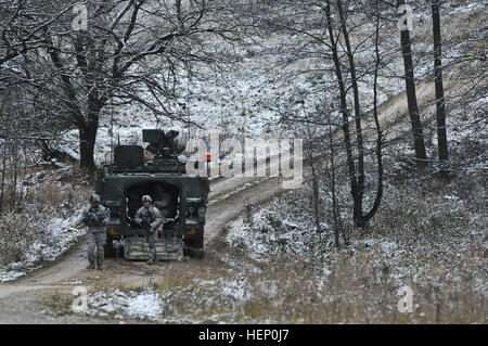 Dragoon Troopers, Bull-Truppe, 1. Eskadron, 2. Kavallerieregiment zugeordnet durchgeführt vielfältige Kader Feuer in Grafenwöhr Training Area befindet sich in der Nähe von Rose Barracks, Deutschland, 3. Dezember 2014. Der Zweck des Bereichs war, Soldaten in Bewegung Brandschutzübungen Kader auszubilden, während des tätlichen Angriffs auf unterschiedliche Ziele während der heutigen Veranstaltung. Bull-Truppe, 1. Eskadron, 2. Kavallerieregiment Kader Feuer Bereich 141203-A-EM105-177 Stockfoto