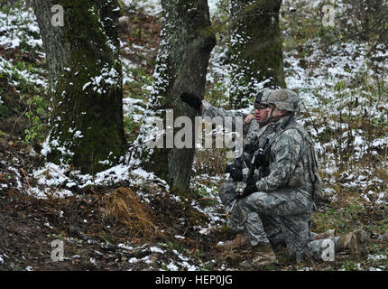 Dragoon Troopers, Bull-Truppe, 1. Eskadron, 2. Kavallerieregiment zugeordnet durchgeführt vielfältige Kader Feuer in Grafenwöhr Training Area befindet sich in der Nähe von Rose Barracks, Deutschland, 3. Dezember 2014. Der Zweck des Bereichs war, Soldaten in Bewegung Brandschutzübungen Kader auszubilden, während des tätlichen Angriffs auf unterschiedliche Ziele während der heutigen Veranstaltung. Bull-Truppe, 1. Eskadron, 2. Kavallerieregiment Kader Feuer Bereich 141203-A-EM105-542 Stockfoto