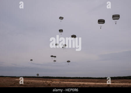 Fallschirmjäger füllen den Himmel auf Sizilien-Drop-Zone für die 17. jährliche Randy Oler Memorial Betrieb Spielzeug fallen, veranstaltet von der US-Armee zivile Angelegenheiten & psychologische Operations Command (Airborne), ein US Army Reserve Einsatzführungskommando, 5. Dezember 2014 in Fort Bragg, N.C. Betrieb Spielzeug Tropfen ist der weltweit größte Luft Mischbetrieb und Soldaten die Möglichkeit zu helfen, Kinder in Not überall Spielzeug für den Urlaub erhalten. (US Armee-Foto von Timothy L. Hale/freigegeben) Fallschirmjäger zurückgeben in Betrieb Spielzeug fallen 141205-A-XN107-168 Stockfoto