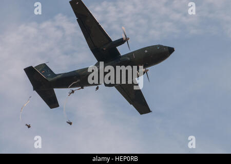 Fallschirmjäger füllen den Himmel auf Sizilien-Drop-Zone für die 17. jährliche Randy Oler Memorial Betrieb Spielzeug fallen, veranstaltet von der US-Armee zivile Angelegenheiten & psychologische Operations Command (Airborne), ein US Army Reserve Einsatzführungskommando, 5. Dezember 2014 in Fort Bragg, N.C. Betrieb Spielzeug Tropfen ist der weltweit größte Luft Mischbetrieb und Soldaten die Möglichkeit zu helfen, Kinder in Not überall Spielzeug für den Urlaub erhalten. (US Armee-Foto von Timothy L. Hale/freigegeben) Fallschirmjäger zurückgeben in Betrieb Spielzeug fallen 141205-A-XN107-271 Stockfoto