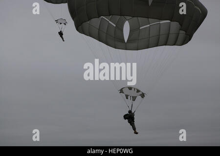 Fallschirmjäger füllen den Himmel auf Sizilien-Drop-Zone für die 17. jährliche Randy Oler Memorial Betrieb Spielzeug fallen, moderiert von US Armee zivile Angelegenheiten & psychologische Operations Command (Airborne), 6. Dezember 2014 in Fort Bragg, North Carolina. Betrieb Spielzeug fallen ist die weltweit größte Luft Mischbetrieb und Soldaten die Möglichkeit zu helfen, Kinder in der ganzen Gemeinde Spielzeug für den Urlaub erhalten. (Foto: U.S. Army Spc Ashley Keasler) Betrieb Spielzeug Drop 141206-A-CN115-039 Stockfoto