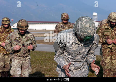 Italienische Armee-Fallschirmjäger von Folgore Brigade 8. Fallschirm Assault Engineer Regiment, zusammen mit ihren Verbündeten US-Armee aus dem 1. Bataillon, 503. Infanterieregiment 173rd Airborne Brigade führen nachhaltig Luftlandeausbildung in Aviano, Italien, Jan. 14 zunächst ihre Notfall Einsatz Bereitschaft Übung, EDRE genannt. EDRE ist eine keine Kündigung, schnelle Bereitstellung Übung entwickelt, um die Brigade Fähigkeit zu alarmieren, Marschall und bereitstellen, während seiner Zeit als der US-Armee Kontingenz Response Force in Europa zu testen. (Foto: US Army Staff Sgt Opal Vaughn) Himmel Soldaten, italischen Bundesgenossen Verhalten Stockfoto